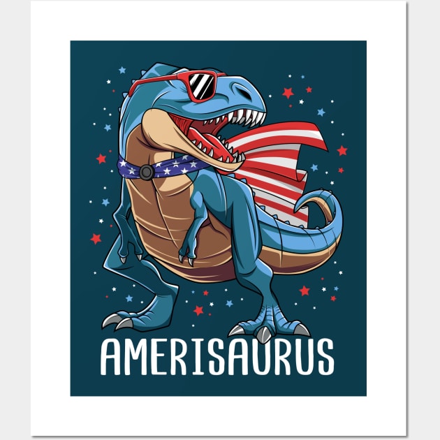 Amerisaurus T Rex Dinosaur 4th Of July Gift For Kids Boys Wall Art by HCMGift